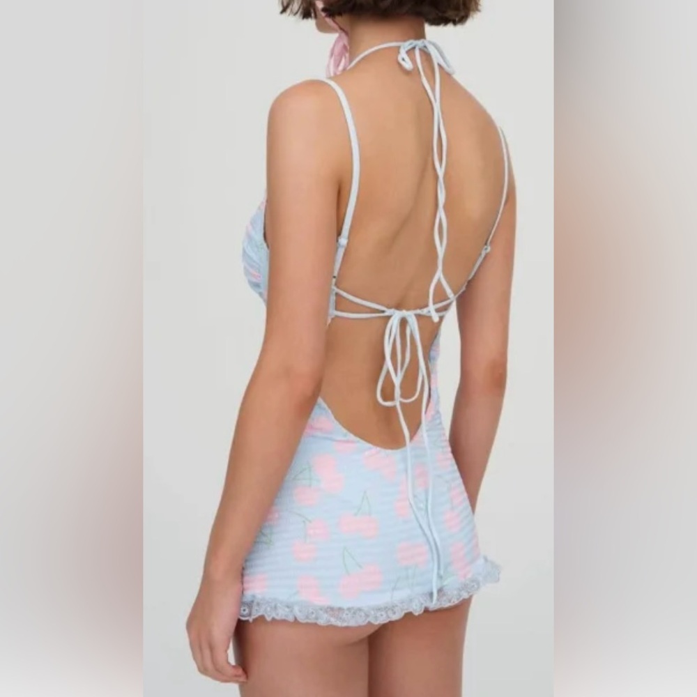 For Love And Lemons Light Blue and Pink Graceann swim romper